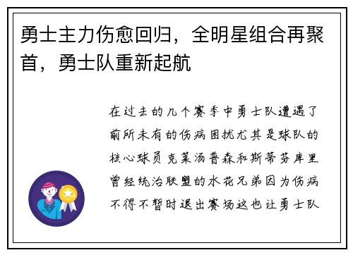 勇士主力伤愈回归，全明星组合再聚首，勇士队重新起航