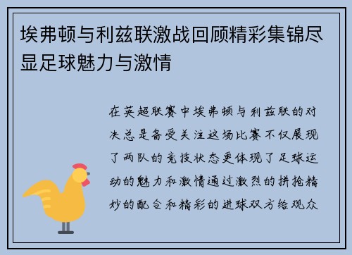 埃弗顿与利兹联激战回顾精彩集锦尽显足球魅力与激情