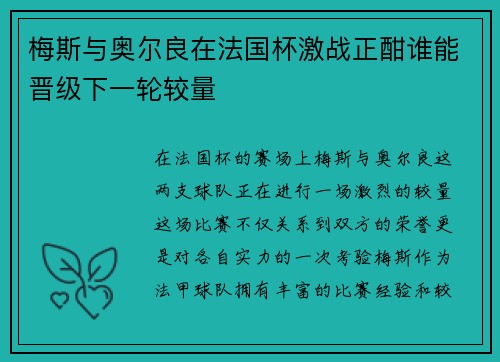 梅斯与奥尔良在法国杯激战正酣谁能晋级下一轮较量